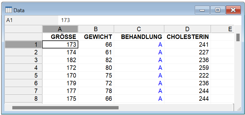 MedCalc Tabellenkalkulationsfenster